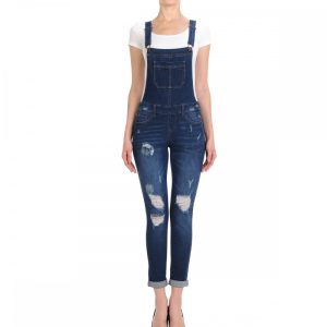 DISTRESSED SKINNY OVERALLS WITH ROLLED CUFFS