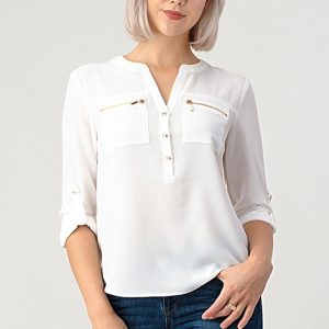 Bubble Crepe Henley Necked Blouse with Zipper Accents and Gold Buttons and Rollable Long Sleeves.