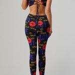CAP SLEEVES V NECK FRONT TIED KNOT CUT OUT OPEN BACK LACED MULTI COLOR VALENTINE’S DAY LIPS HEART PRINT SKINNY LEG PANTS JUMPSUIT