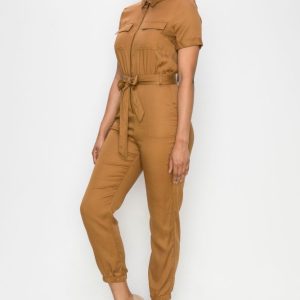 Fitted Front Zip Short Sleeves Jumpsuit