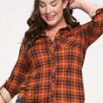 Plus Knit Cupro Plaid Full Button Down Collared Blouse with Rollable Long Sleeves