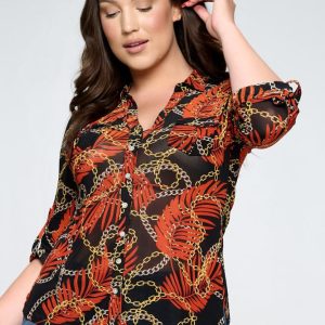 Plus Mesh Printed Blouse with Rollable Long Sleeves, Collared Neckline and Full Button Down Closure