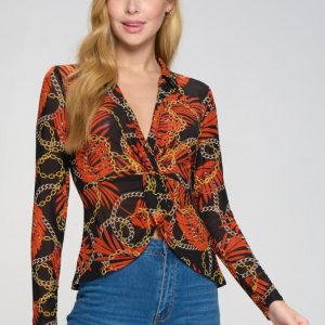 Mesh Chain Printed Front Wrap Collared Long Sleeved Blouse