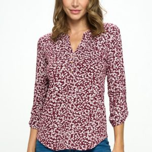 Cupro Ditsy Flower Printed Rollable 3/4 Sleeved Henley V-Necked Blouse