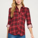 Knit Cupro Plaid Full Button Down Collared Blouse with Rollable Long Sleeves