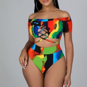 ITY Print Off Shoulder Short Sleeve Front Hole Strap Swimsuit