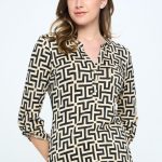 FDY Printed Rollable 3/4 Sleeved Henley V-Necked Blouse