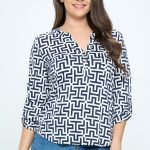 Plus Size FDY Printed Rollable 3/4 Sleeved Henley V-Necked Blouse