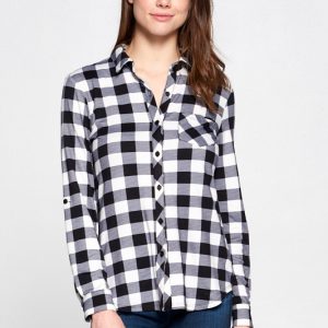 Knit Cupro Plaid Full Button Down Collared Blouse with Rollable Long Sleeves
