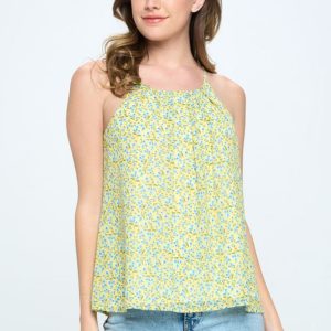 Chiffon Ditsy Flower Printed Double Layered Camisole Blouse with Front Pleats and Gold Button