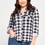 Plus Size Cupro Buffalo Plaid Print Collared Full Button Down Blouse with a Pocket and Rollable Long Sleeves