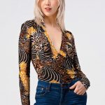 Mesh Animal Printed Wraparound Collared Bodysuit with Snap Button on Bottom for Easy Wear