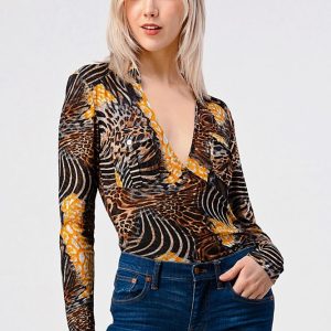 Mesh Animal Printed Wraparound Collared Bodysuit with Snap Button on Bottom for Easy Wear