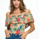 Cupro Bodysuit with Ruffled Off the Shoulder Neckline with Snap Button