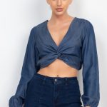 Front Twisted Long Sleeve Denim Top