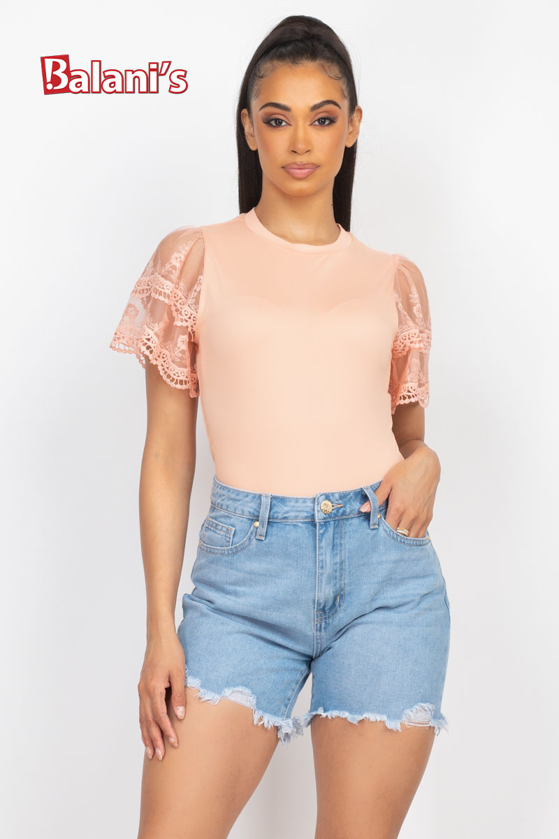 Lace Trim Butterfly Sleeve Blouse