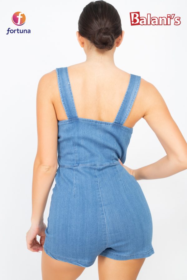 Front Zip Buckle Straps Denim Romper - Image 2