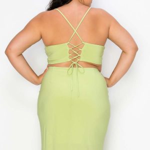 Plus Lace-Up Tank Top and Uneven Skirt Set