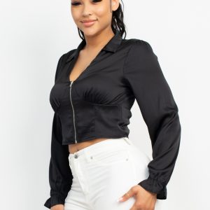 V-Neck Collared Long Sleeve Top