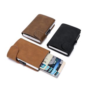 Leather Card Holder Wallet RFID W/Button